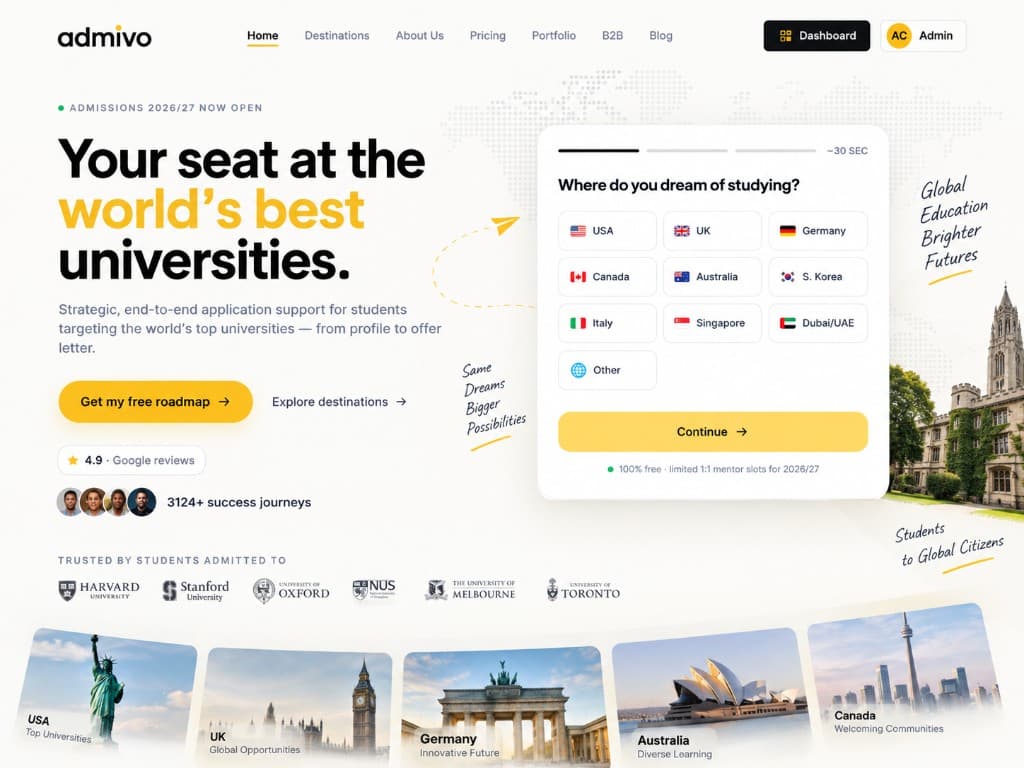 Admivo product — study destination quiz hero and university destination cards